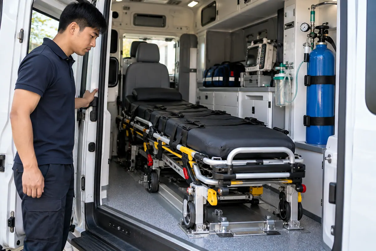 Illustrative medically supported ground transport interior
